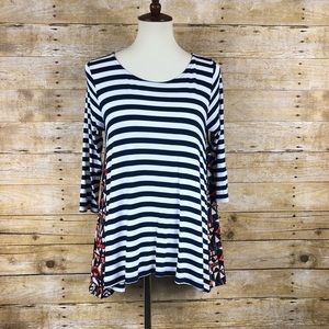 Anthro Puella Women’s Blue Striped Mixed‎ Media Swing Tunic Top Shirt X-Small